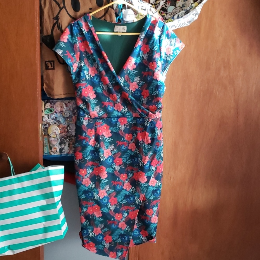 Lindy Bop teal jaguar wiggle dress 10